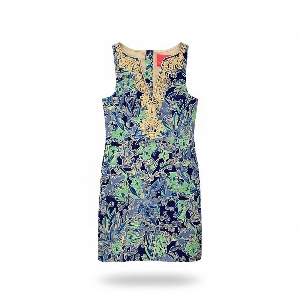 Sleeveless Navy & Green Floral Shift Dress with Embroidered Neckline